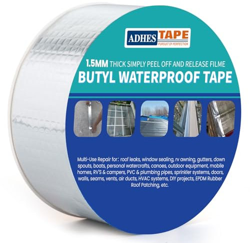 ADHES Adhésif En Aluminium Butyle étanche, Caoutchouc Puissant 50mm x 5m, épaisseur De 1,5 mm, Idéal Pour Les Pertes De Toit, Les Fissures Superficielles