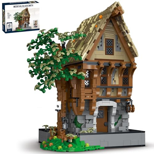 fisca Mittelalterliche Architektur Blacksmith Building Block Set mit LED Licht - 1991 PCS Bau-Spielzeug für Sammler, Modell der mittelalterlichen Hütte, Dekorative Bastelidee für Erwachsene und Kinder