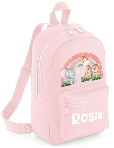 The Baby Box UK Personalised Girls Backpack Toddler Safari Rainbow Back Pack Childrens Rucksack (Powder Pink)