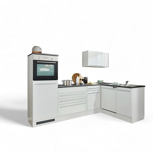 Jazz 6 - Cocina esquinera moderna sin electrodomésticos en color blanco brillante, gris metalizado - Amplia cocina en forma de L con mucho espacio de almacenamiento - 260 x 200 x 60 cm (ancho x alto x