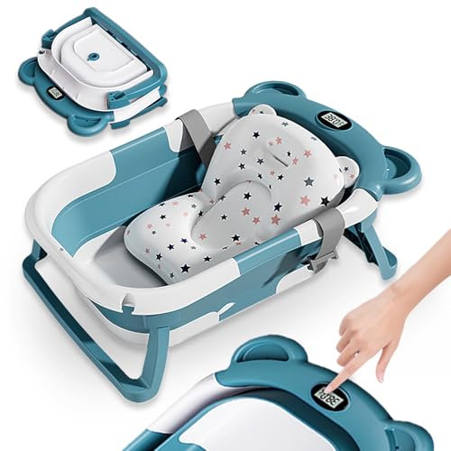 Baignoire Bébé Pliable XXL Avec Coussin De Bain Bebe Et Thermomètre Intégré - Baignoire Enfant Avec Siege De Bain Pour Bebe - baignoire Bebe Sur Pied - Idéal Pour Cadeau De Naissance Fille Ou Garçon