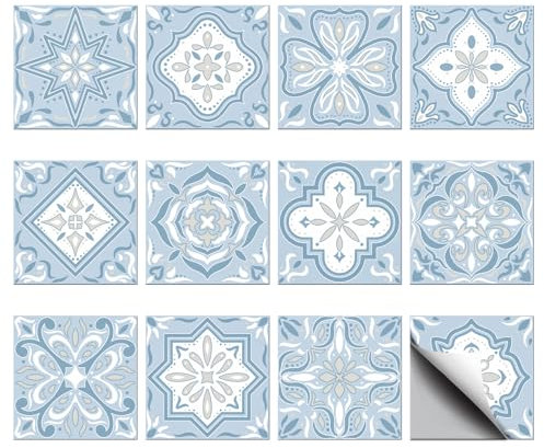 CHGCRAFT 36Pz 12 Stile Adesivi per Piastrelle 10x10cm Azzurro Mandala Peel and Stick Tile Stickers Quadrato impermeabile con motivo floreale per cucina bagno camera