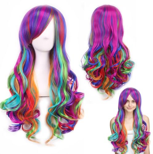 Regenbogen Perücke für Damen, Bunte Perücke, Lang, Lockig, Einhorn Perücke für Alltag, Cosplay, Halloween, Karneval