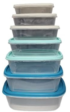 Mr. Gadget's Solutions Pack of 7 Plastic Food Containers – Reusable Rectangular Lunch Boxes with BPA-Free Lids, Freezer & Dishwasher Safe