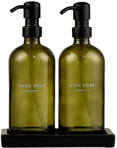 MaisoNovo Hand and Dish Soap Dispenser Kitchen Set - 500 ml Green Glass Soap Dispenser Bottle with Pump Black x 2, Black Ceramic Tray and Waterproof Labels