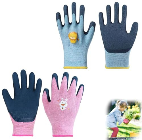 ZWWOGE 2 Paar Gartenhandschuhe Kinder für 5-9 Jahre, Arbeitshandschuhe Kinder mit Latexbeschichtung, Rutschfeste Schutzhandschuhe, Kinderhandschuhe für Gartenarbeit Junge Mädchen