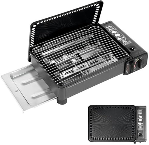 Gaskocher mit Grillplatte Campingkocher, Upgrade Tragbarer Camping Grill Gasherd, Gaskochfeld-Set mit Grillrost, Grillpfanne, Pinsel, Grillzange, Aufbewahrungsbox, Rahmen und Fettauffangschale