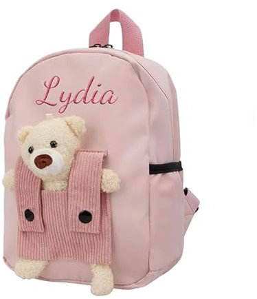 Generico Zainetto Bambino Personalizzato con Nome Ricamato, Zaino Bambino con Orsacchiotto Rimovibile per Scuola Materna ed Elementare, Zaino Unisex per Ragazze e Ragazzi (Rosa)