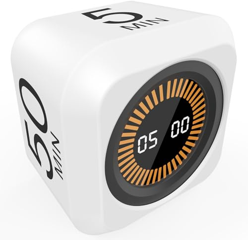 FCXJTU Cube rotatif avec minuteur visuel 5, 25, 10, 50 minutes préréglées | Préréglage 5, 25, 10 et 50 minutes + compte à rebours personnalisé, affichage LED, coque en silicone