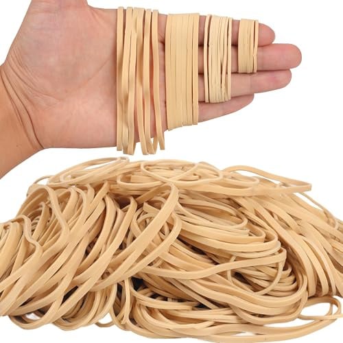 AOUOU Bandes élastiques en caoutchouc de tailles assorties 4 tailles Beige Poids net 190 grammes Bandes élastiques pour fournitures de bureau 40 mm 60 mm 80 mm 120 mm