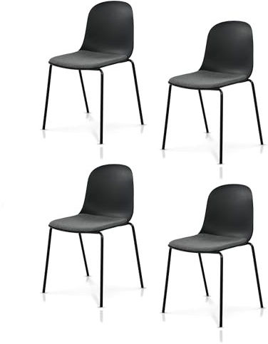 KHG 4er-Set Esszimmerstühle Küchenstuhl stapelbar, 120 kg, bis 120, schwarz | Kunststoff Sitzschale mit Polsterung & Flachgewebe, Metallgestell Ton in Ton, minimalistisches Design, für den Alltag