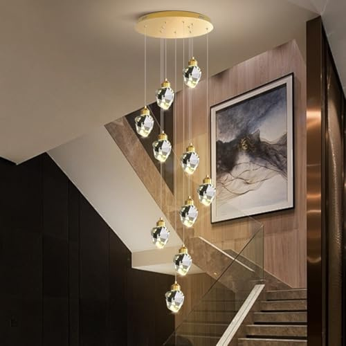 CNMKLM Gold Spirale Treppenhaus Pendelleuchte Moderne Kristall-Hängeleuchte LED Dimmbare Hängelampe Hohe Decke Diamant-Kristall-Pendellampe Beleuchtung Für Eingang, Foyer(10 heads/55W)