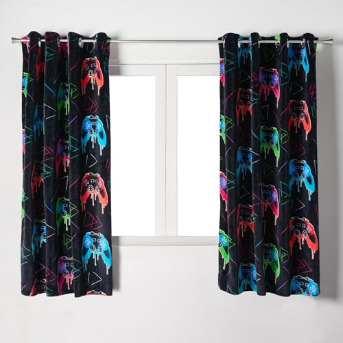 OHS 2 Panels Velvet Curtains Blackout, Gaming Print Glow In The Dark Kids Curtain Thermal Insulated Window Treatment Eyelet Curtains for Boys Bedroom Playroom 66 x 72, Multi
