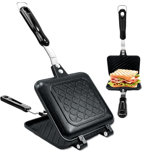 Seuqhck Sandwich Maker, Nonstick Panini Maker Pan Grilled Stove Top Toasted Pan, Double Sided Cheese Press with Handle for Breakfast, Camping, Home, Kitchen