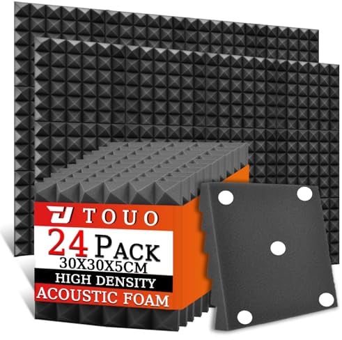 TOUO Akustikschaumstoffplatten, 30 x 30 x 5 cm, schalldichte Pyramiden-Schallschutzplatten für Wände, hochdichte, feuerbeständige Schallschutz-Schaumstoffe für Studio-Wände und Decken, Schwarz, 24