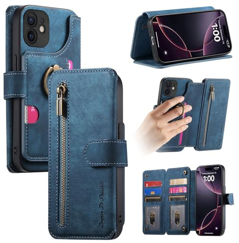 Trugox Zip Wallet Case for Apple iPhone 12 / iPhone 12 Pro Phone Case with Ring Stand RFID Blocking Safe Card Holder Leather Purse Folio Book Folding Flip Case Cover Women Men - Blue