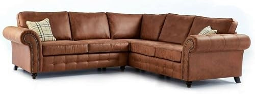 Oakland Faux Leather Chesterfield Corner Sofa 240x240cm - High Back Cushion Sofa for Living Rooms (Brown)