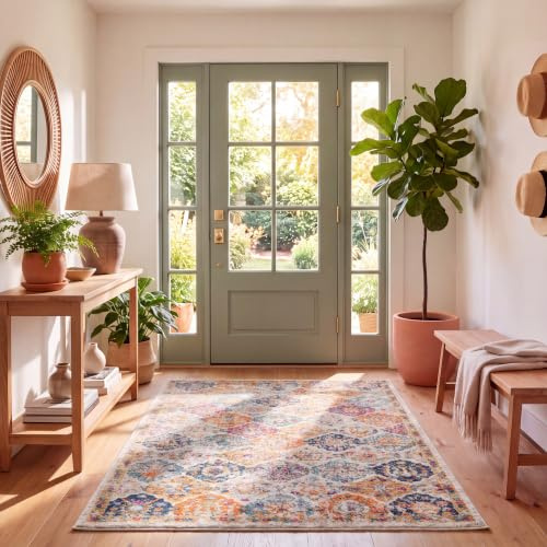 SAFAVIEH Distressed Teppich für Wohnzimmer, Esszimmer, Schlafzimmer - Madison Collection, Kurzer Flor, Creme und Multi, 122 X 183 cm