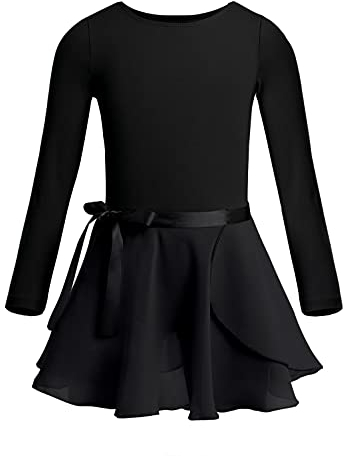 Freebily Kinder Mädchen Ballettanzug Langarm Ballett Trikot Bodysuit Chiffon Wickelrock Outfits Tanz-Body Ballettbekleidung Turnanzug Set Gr.92-164 Schwarz 152-164/12-14 Jahre