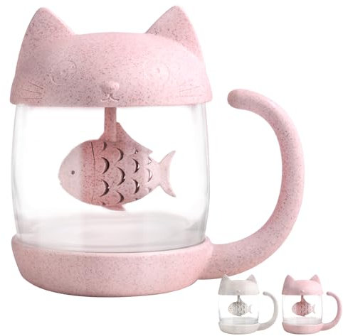 BigNoseDeer Taza de té de Cristal del Gato Taza De Agua Bottle-with Fish Tea Filtro Filtro de infusión 250ml (8oz)