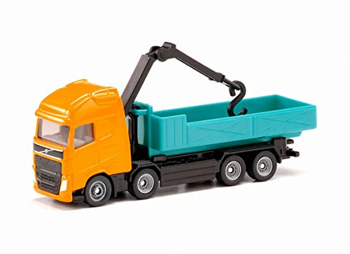siku 1683, Volvo Abrollkipper mit Kran, Metall/Kunststoff, Orange/Türkis, Abrollbare Mulde, Drehbarer Kran
