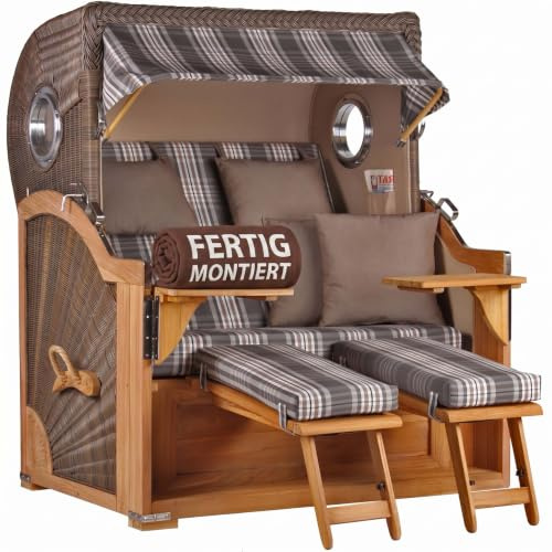 MR. DEKO® Strandkorb Baltikum 2,5-Sitzer Teak | PE Geflecht Grey | Volllieger Strandkörbe aus Teakholz mit 2 Bullaugen & Fußablagen | Polster mit 4 Kissen | Strandstuhl (Dessin 522)