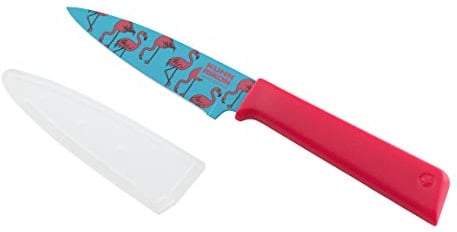 Kuhn Rikon Tropics Flamingo Colori+ Non-Stick Straight Paring Knife with Safety Sheath, Stainless Steel