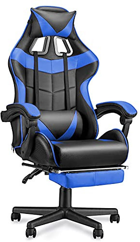 Soontrans Silla para videojuegos ergonómica, acolchada, con reposapiés, cojín lumbar, respaldo ajustable de 90 a 135°, soporta hasta 150 kg, para transmisión en directo, videojuegos, oficina, azul