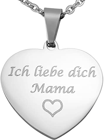 Hanessa Personalisierte Kette mit Gravur Edelstahl 50 cm mit Anhänger Ich liebe dich Mama Herz in silber - Personalisierte Halskette für Frauen - Personalisierter Schmuck Damen Kettenanhänger