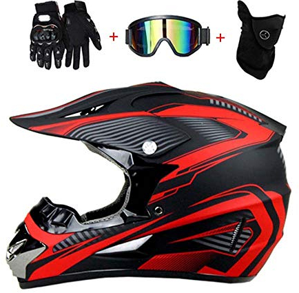 LEENP Motocross-Helm Schwarz Rot Crosshelm Set mit Brillen Maske Handschuhe, Herren Damen Motorrad-Helm Off-Road Downhill-Enduro-Helm-ATV-MTB-BMX Dirt Bikes Quad Motorräder Full-Face Schutz-Helm,B,L