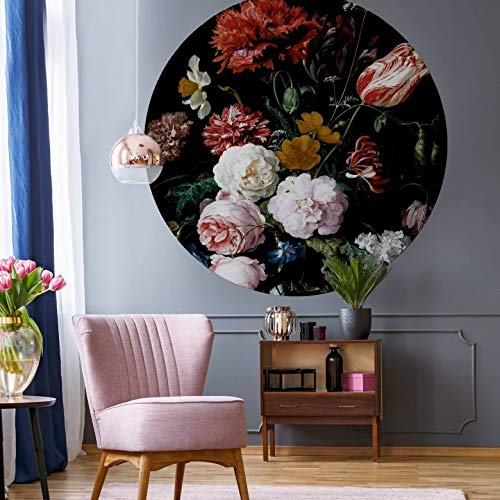 Fototapete Vliestapete Rund Heem Stillleben mit Blumen in einer Glasvase Kunstdruck Gemälde Blumenstrauß Arrangement Rose Pfingstrose Stillleben inkl. Schablone Ø140cm
