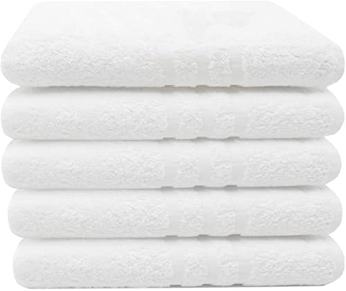 ZOLLNER 5er Set Badehandtücher in 100x150 cm - Flauschige Badetücher aus Baumwolle - mit moderner Streifenbordüre - waschbar bis 95°C - mit praktischem Aufhänger - in weiß - Hotelqualität