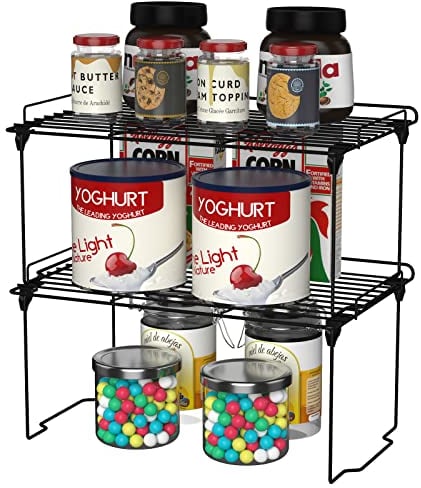 HapiRm Spice Rack Cupboard Organiser - Set of 2 Foldable Shelf Organiser, Stainless Steel Kitchen Shelf Organiser Stackable, Pantry Storage Solutions, Plate Shelf Organisers for Kitchen