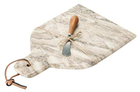 Creative Co-Op Marble Cheese and Cutting Board with Handle, Leather Tie and Canape Knife, Buff, Set of 2