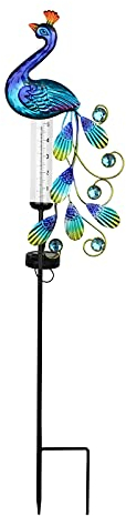 MISNODE Solar-Regenmesser Gartenstecker mit Pfauen-Akzent, 32 Zoll Regenmesser Solar Pfau Licht, Solar Garten Licht Metall Pfau Wasserdicht Solarpfahl für Garten Hof Deck Outdoor Zaundekoration