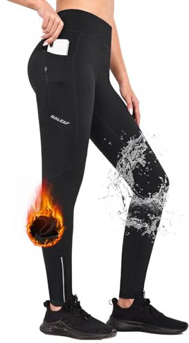 baleaf Thermoleggings Winter Damen Fahrradhose Lang mit Reißverschluss Warm Gefüttert Jogginghose Running Tights Thermo Laufhose Wasserdicht OutdoorHosen Winterhose Schwarz XL