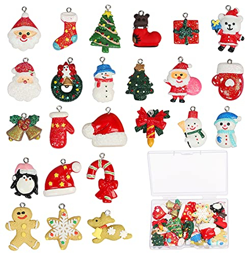 LAMEK 24 Stück Weihnachten Miniatur Anhänger Mini Harz Weihnachtsschmuck Weihnachtsbaum Ornament Weihnachtsmann Schneemann Schneeflocke Weihnachtsdeko für Weihnachten Neujahr