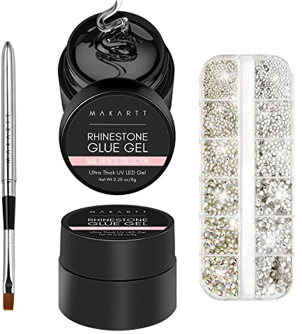 Makartt 2 pots de 8 g de gel de colle à strass pour ongles avec stylo brosse à ongles et pierres précieuses, kit d'art pour ongles en cristal AB avec strass (lampe à ongles nécessaire)
