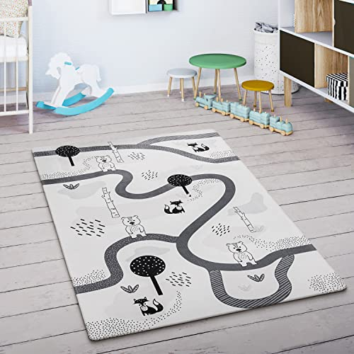 Paco Home Spielmatte Teppich Kinderzimmer Kinderteppich Junge Mädchen Straßenteppich Modern rutschfest Tier Motiv Baum Weiß Grau, Grösse:80 cm Rund