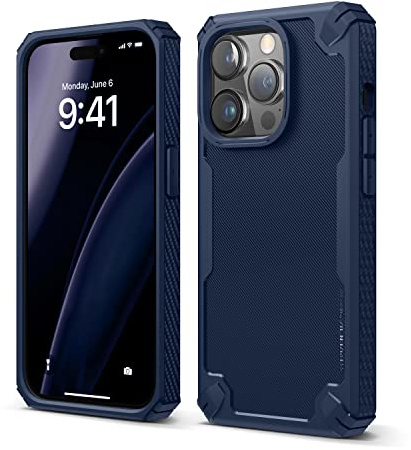 elago Armor Hülle Kompatibel mit iPhone 14 Pro Hülle (6.1), Fallschutz nach US-Militärstandard, Strapazierfähige Schutzhülle, Kohlefaserstruktur, Robustes Design, Stoßfestes Gehäuse (Dunkelblau)