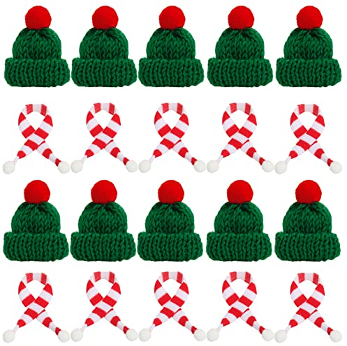 Dereine 20 Stück Mini Weihnachtsmütze, Mini Weihnachtsmütze und Schal Set, Mini-Strickmütze des Weihnachten, Nikolausmütze Klein für Weihnachten Weinflasche Abdeckung, Puppenhaus, Weihnachtsfeiern