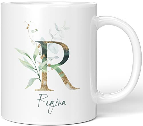 JUNIWORDS Tasse, Regina, Name Anfangsbuchstabe Initial Alphabet Floral Buchstabe R Monogramm Motiv, Weiß (5475647)