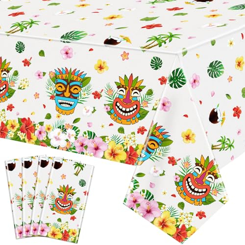 4 PCS Tiki Party Dekorationen Tiki Tischdecken Hawaiianische Luau Tischtücher Aloha Tiki Bar Tropisches Tischtuch Sommer Strand Pool Geburtstag Party Tischdecken Hawaiianische Party Deko 86 x 51 Zoll