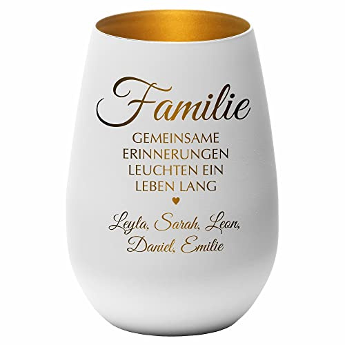 4you Design Windlicht mit Gravur Familie, Gemeinsame Erinnerungen.., 4 Namen graviert (Metall-Weiß-Gold), Geschenk zum Valentinstag, Geburtstagsgeschenk für Eltern