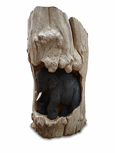 Elefante a forma di tronco d'albero, 25 cm, tronco d'albero tagliato a metà, decorazione con elefanti incassati
