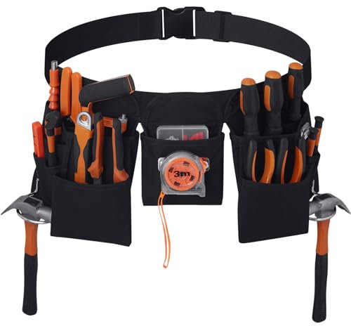KOYYTO 19 Taschen Werkzeuggürtel Gürtel mit Hammerhalter- Heavy Duty abnehmbare & Verstellbare Werkzeugtasche Gürtel,passt 31 -50 in Arbeit Schürze für Herren und Damen,Black