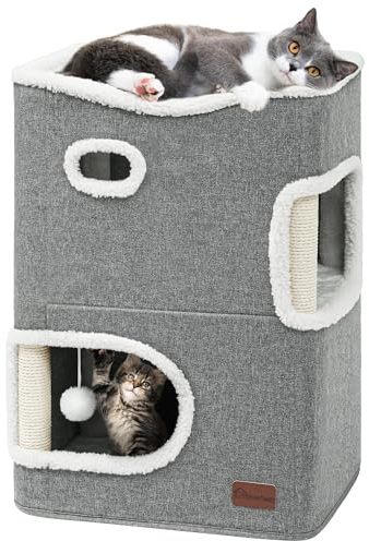 YITAHOME Casa Gatos Interior, Cama Gato, Cama para Gatos, Casa para Gatos con Rascador & Pelota & Hamaca Superior, Casita para Gatos, Caseta para Gatos, Castillo Gatos, 45 * 35 * 63cm (Gris)