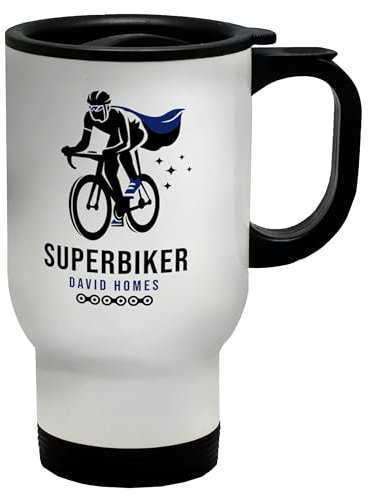 Shopagift Personalised Superbiker Travel Mug Cycling Cyclist in Superhero Cape Gift Stainless Steel 14oz Cup