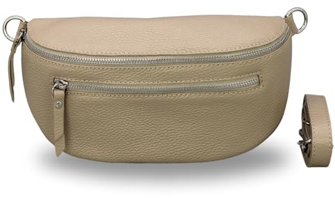 BRISE Bauchtasche Damen Echtes Leder Lucia Handgemachte Umhängetasche Crossbody Bag mit Ledergurt 3 Fächer Stylische Hüfttasche Gürteltasche Made in Italy (Taupe - 1)