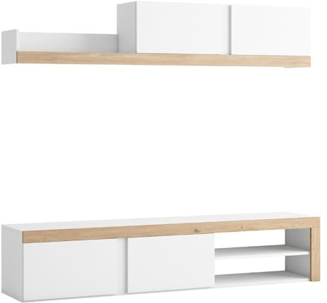 Mobelcenter, Mueble de Salón Fly 180, Módulo TV, Módulo Superior y Estante, Acabado en Color Blanco Mate y Naturale, Medidas: Ancho: 180 cm x Alto: 37,5 cm x Fondo: 39,6 cm (1448)